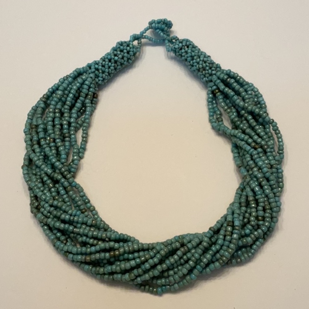 Vintage Glass Beaded Multi-Strand Turquoise Necklace with Beaded Toggle Closure